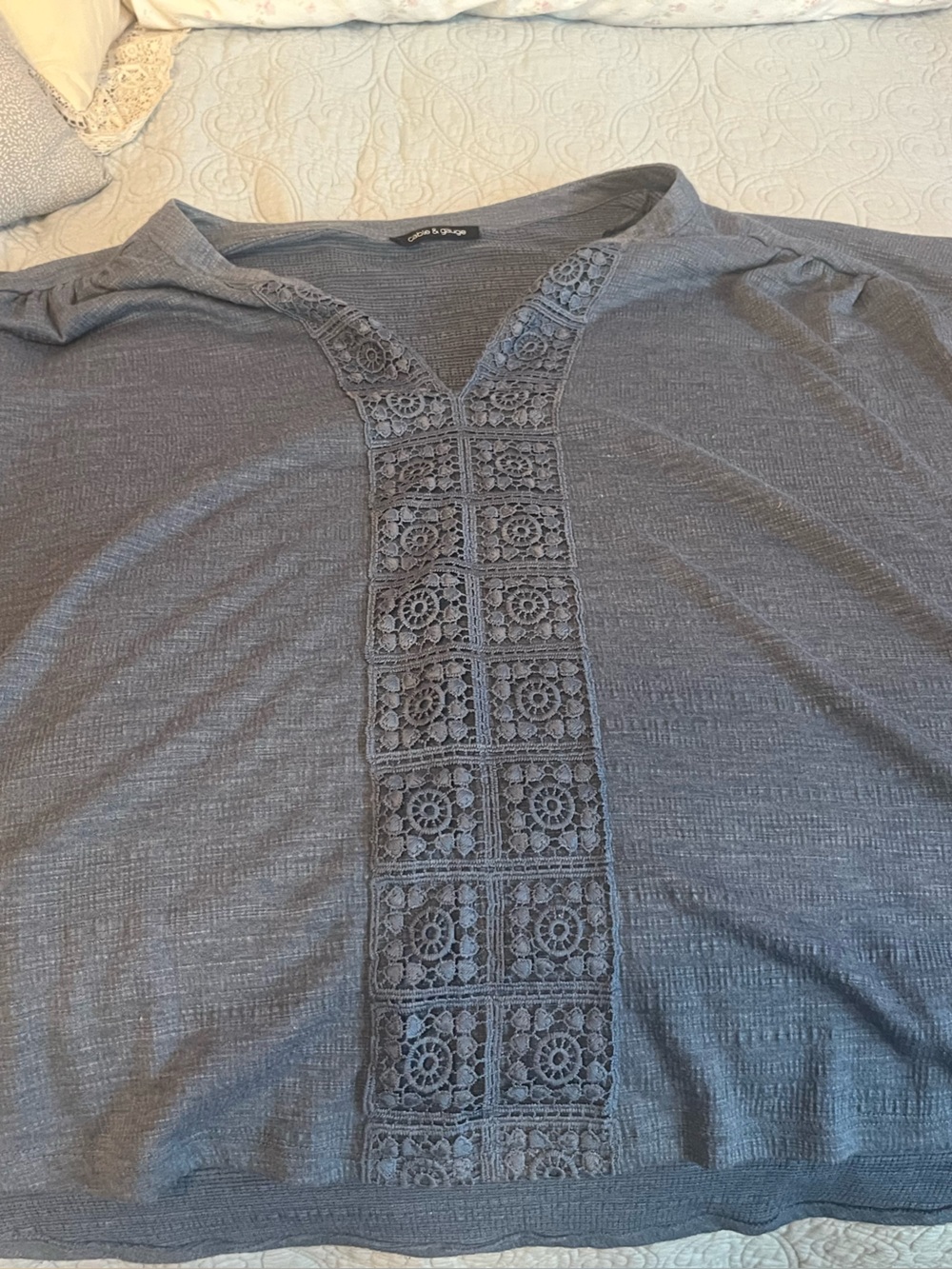 Cable & Gauge Blue Crochet Lace Front Short Sleeve Top